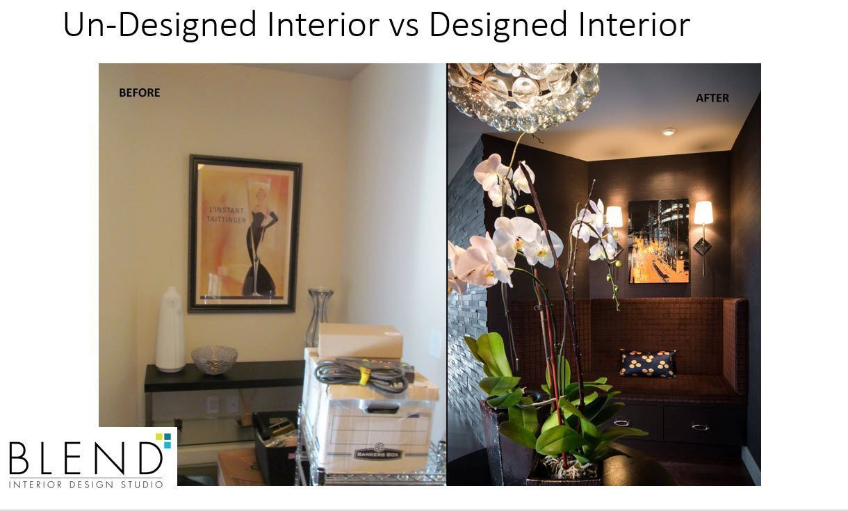 A picture of an un-designed interior and a picture of a designed interior