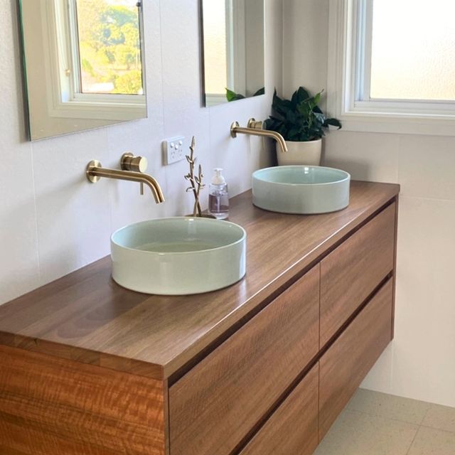 A Bathroom With Two Sinks And Two Mirrors — Ben Lynch Cabinetmaking in South Lismore, NSW
