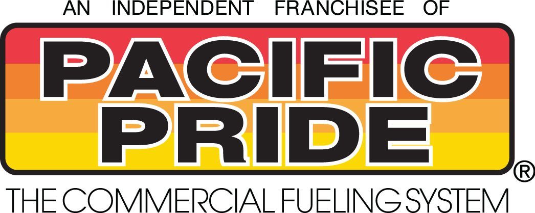 Logo for Pacific Pride, a commercial fueling system. Bold black text on a gradient orange, yellow and red background.