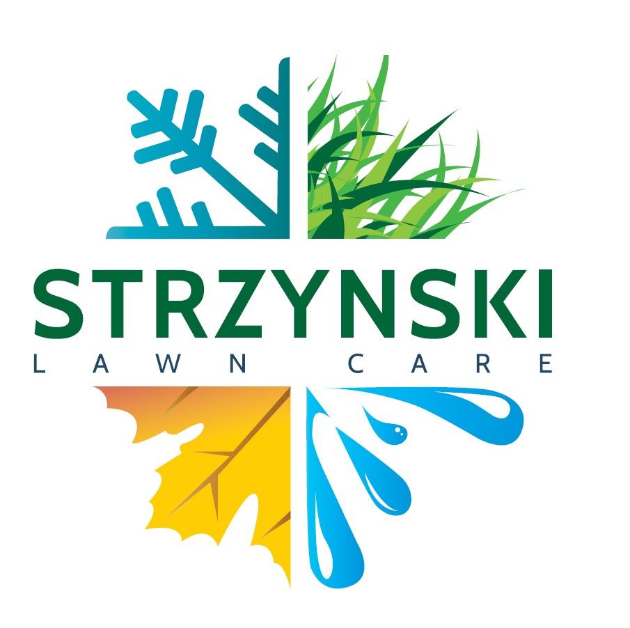 Logo for Strzynski Lawn Care: Four seasons illustration, green grass, blue snowflake, yellow leaf, and blue water.