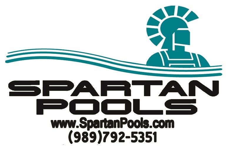 Spartan Pools logo with a teal Spartan helmet, black text, and website/phone number.