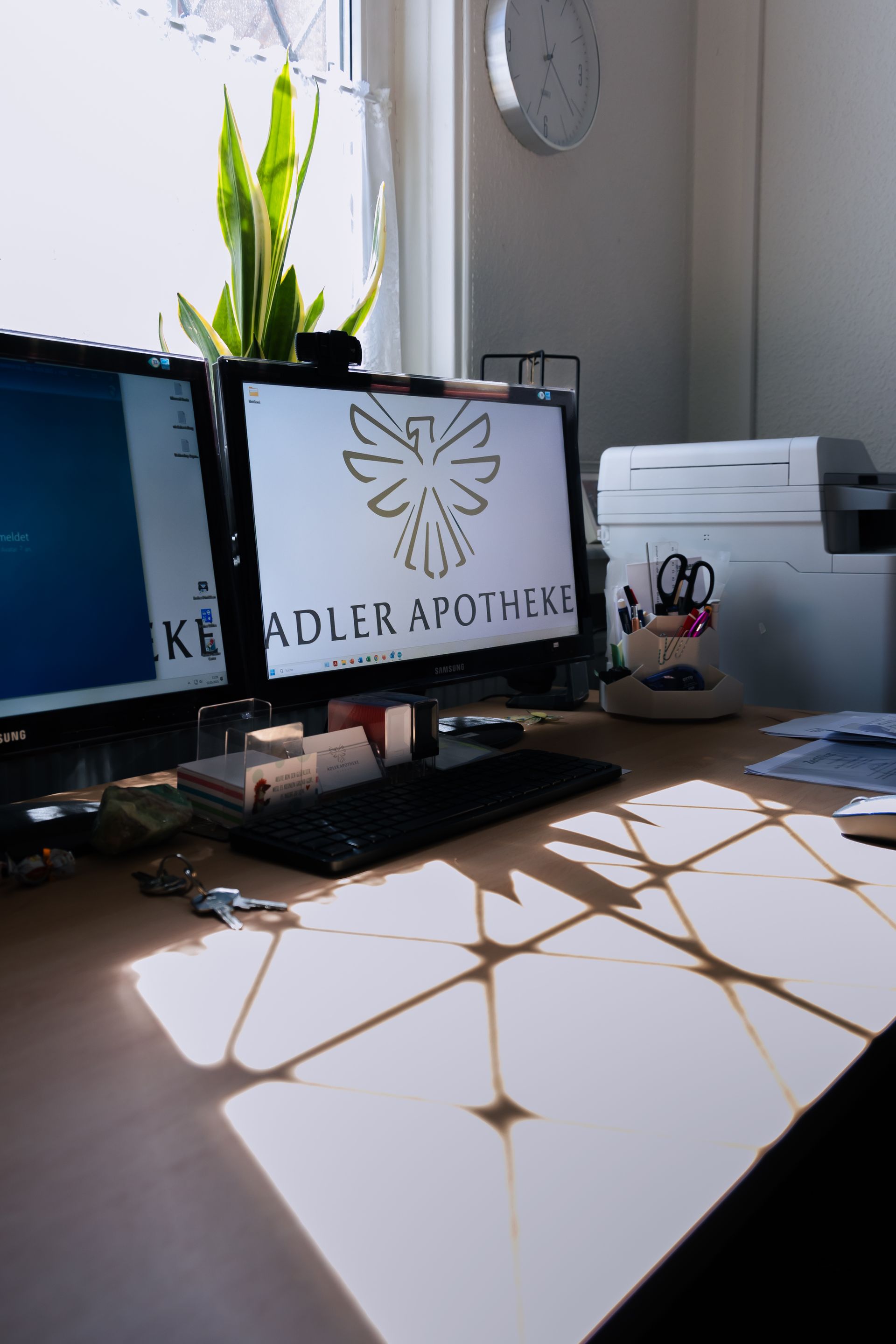 Zwei Computermonitore stehen auf einem Schreibtisch vor einem Fenster.