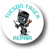 A logo for tucson truck repair shows a piston holding a wrench and a screwdriver