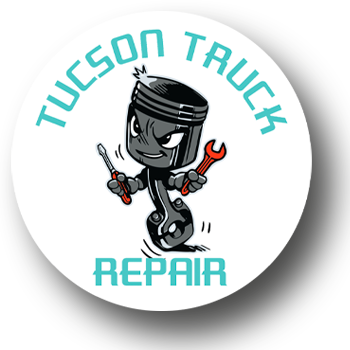 A logo for tucson truck repair shows a piston holding a wrench and a screwdriver