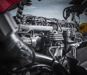 A close up of a truck engine with a yellow truck in the background.