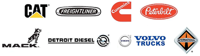 A row of logos including cat freightliner detroit diesel and volvo trucks