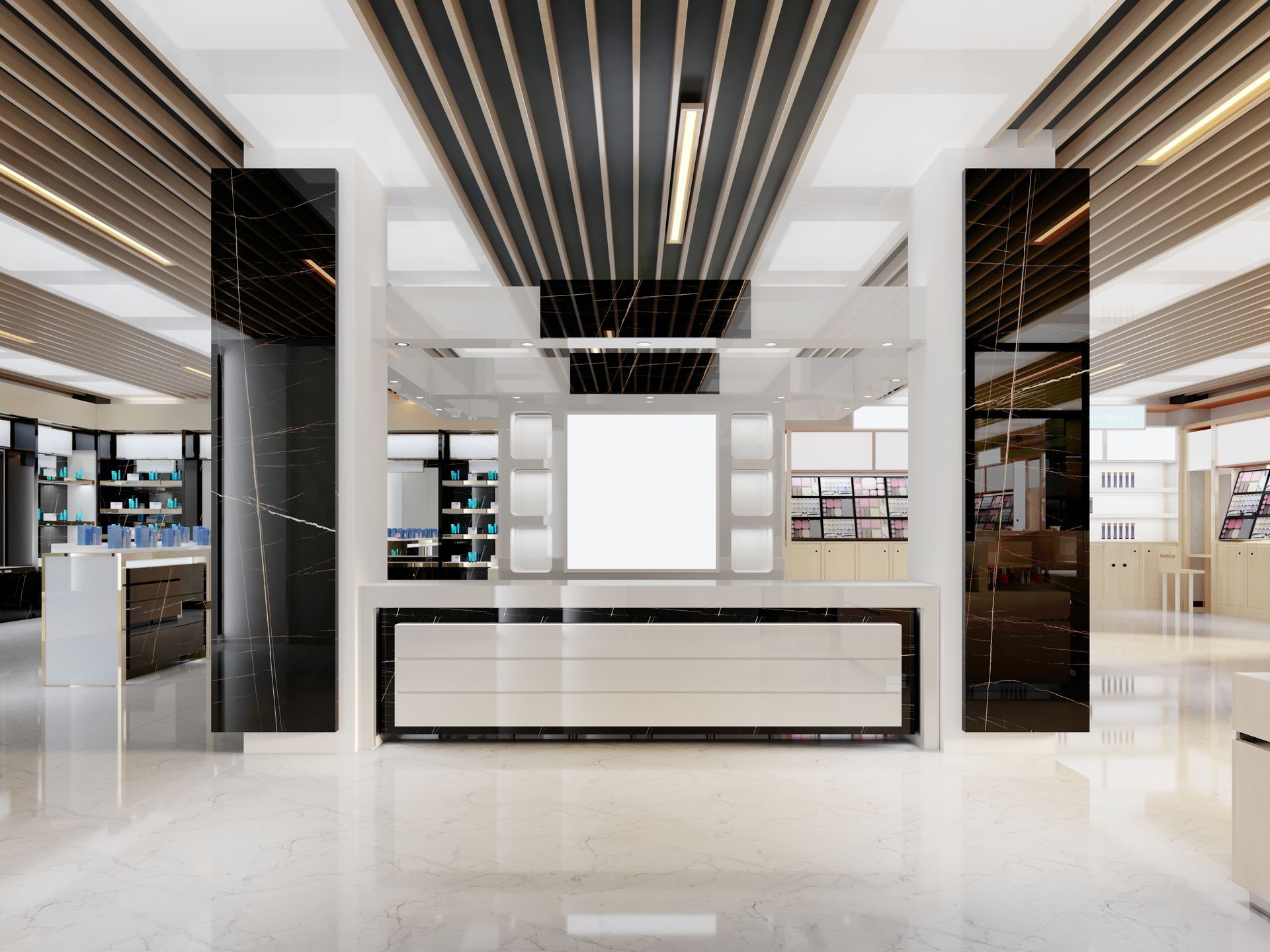 It is a 3d rendering of a cosmetic store with a white sign in the middle of the room.