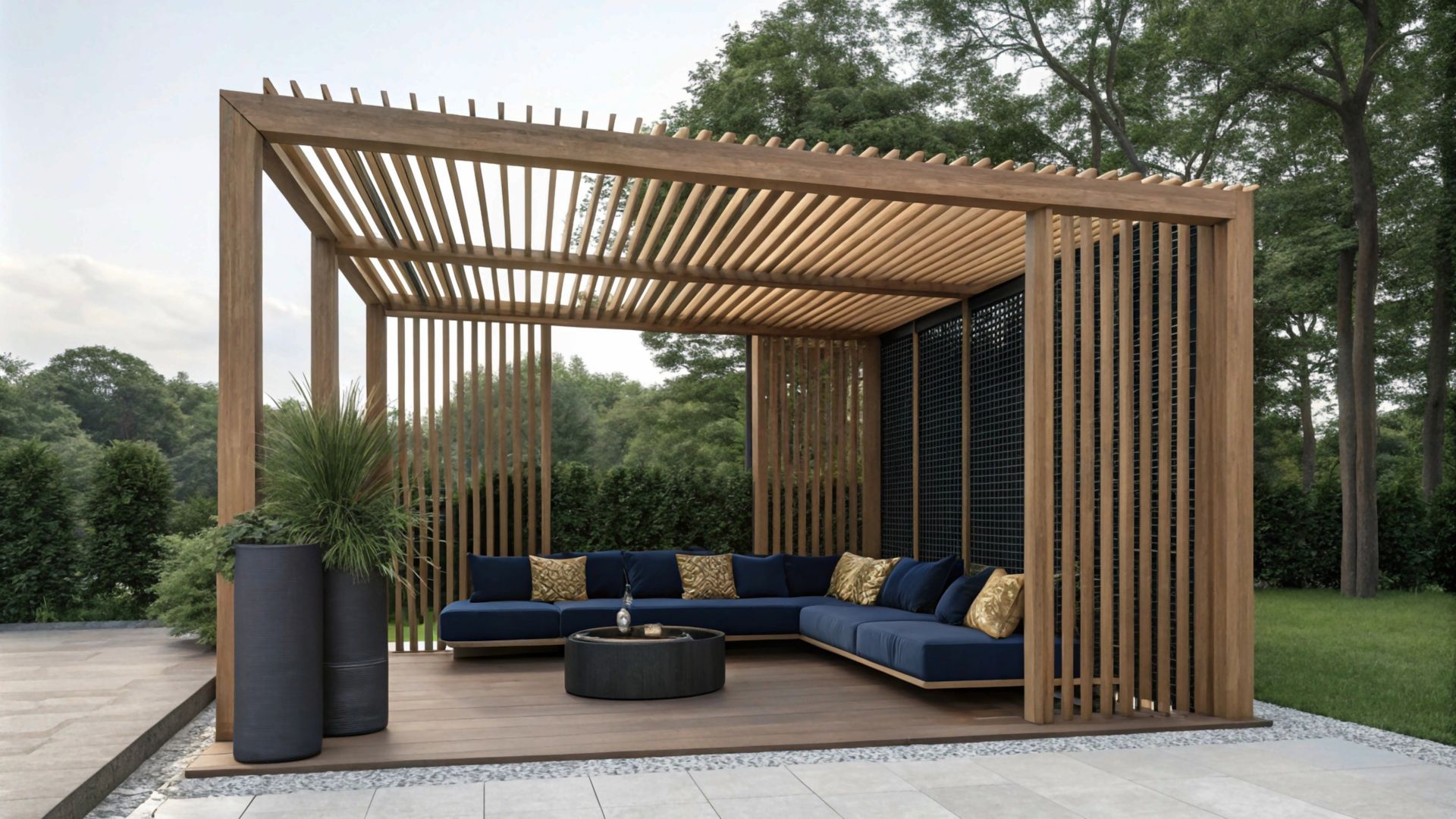 A wooden pergola with a sectional couch and a coffee table.