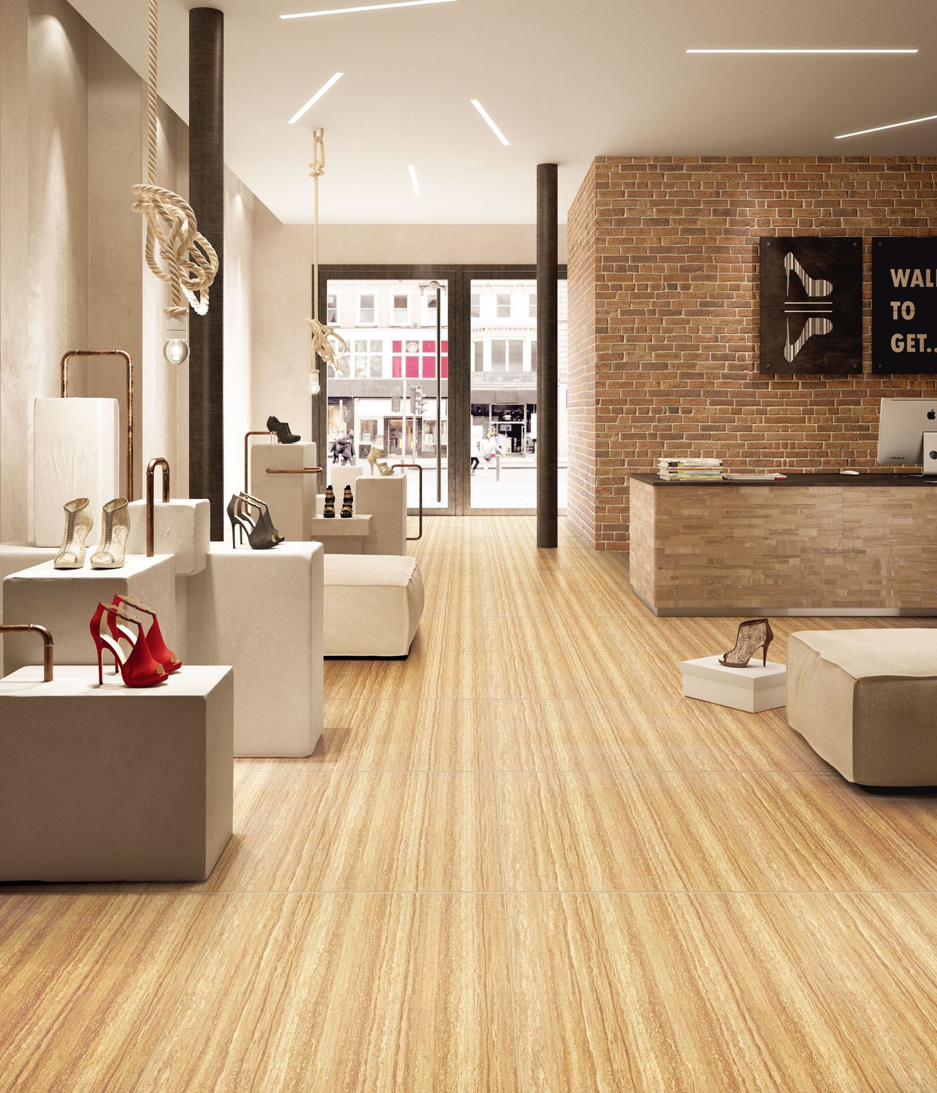 A rendering of a shoe store with a wooden floor