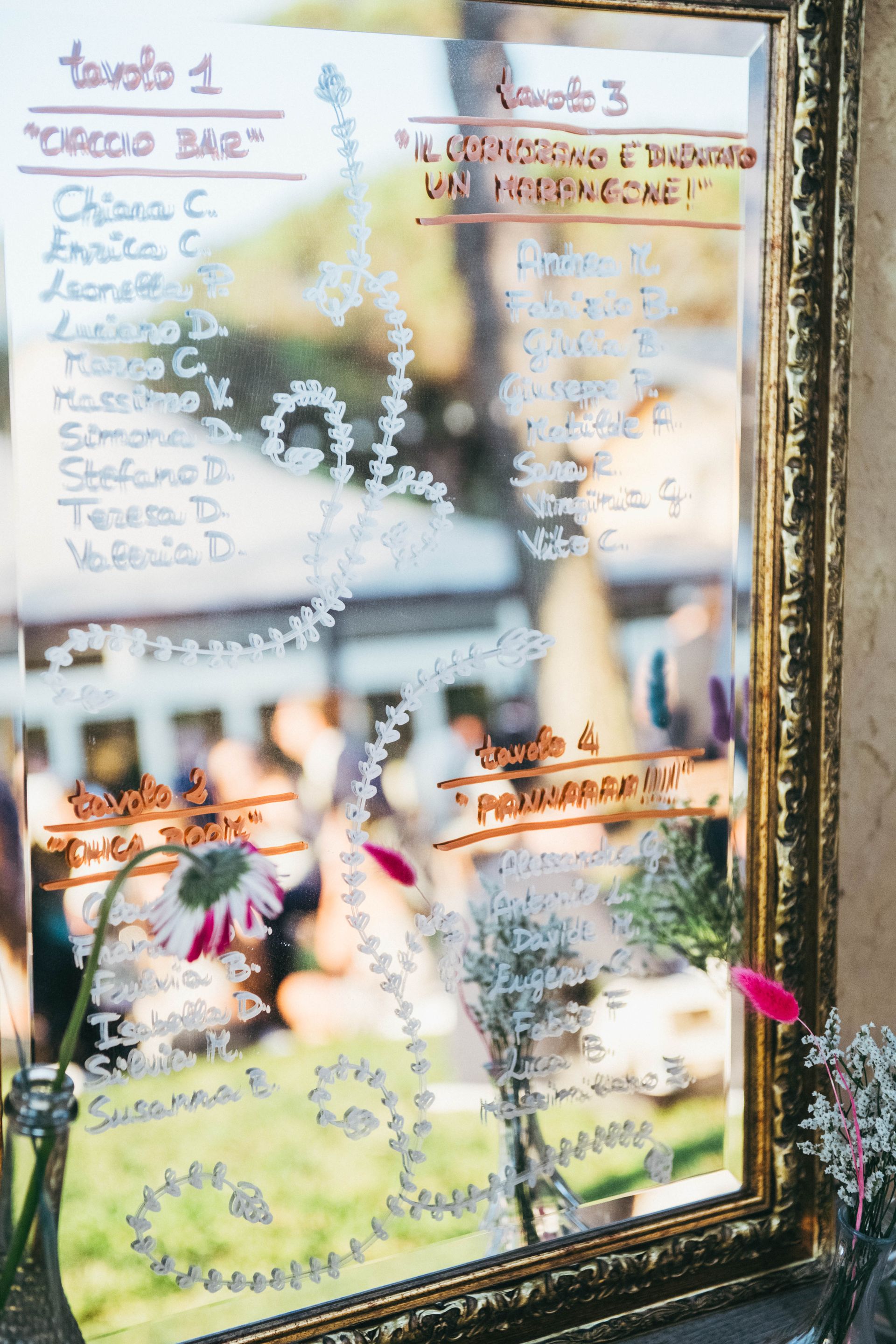 Mappa dei posti a sedere su specchio con nomi scritti a mano e cornice decorata in oro.
