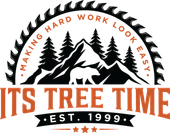 Logo for "Its Tree Time," featuring a circular saw blade, mountains, trees, and a bear, established in 1999.