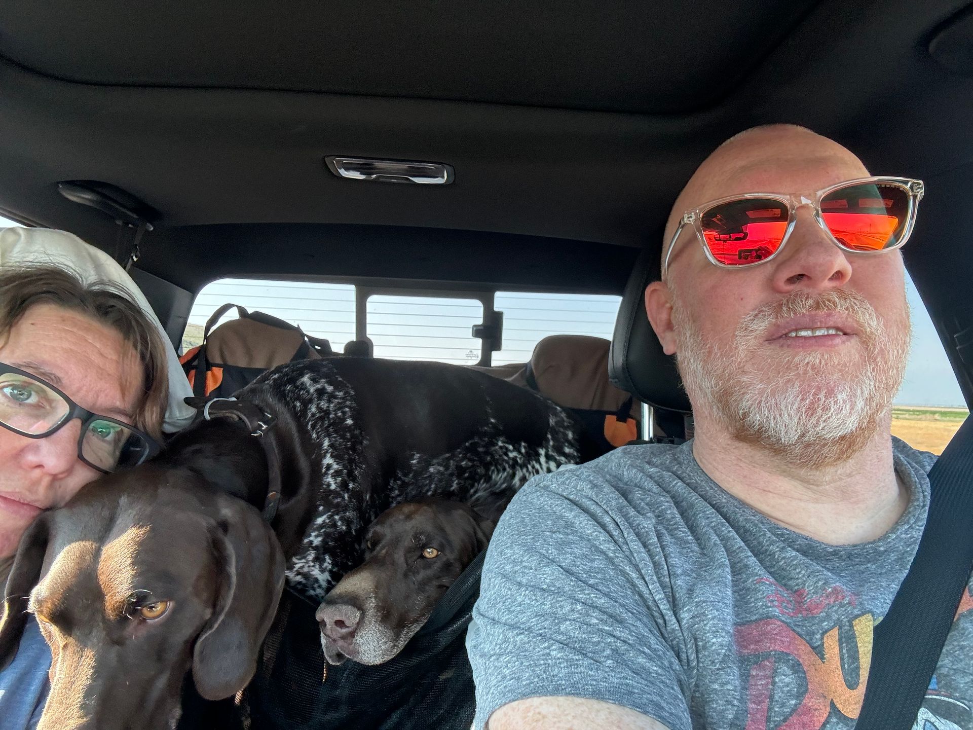 Two people and three dogs in a car. Man in sunglasses smiles, woman beside him, dogs in the back.