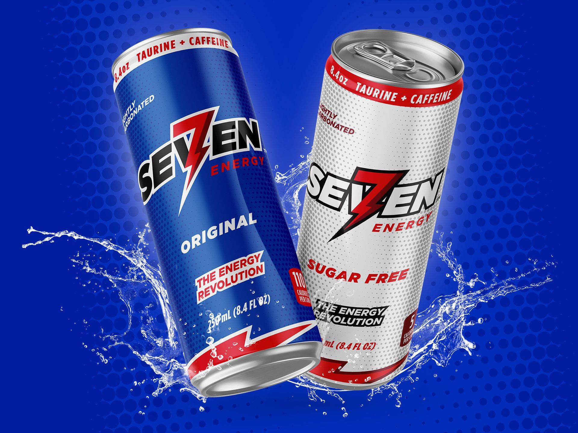 Two 7 Energy drink cans for 7 Brew, blue Original and silver Sugar Free, splashing on a blue background by Existence Creative
