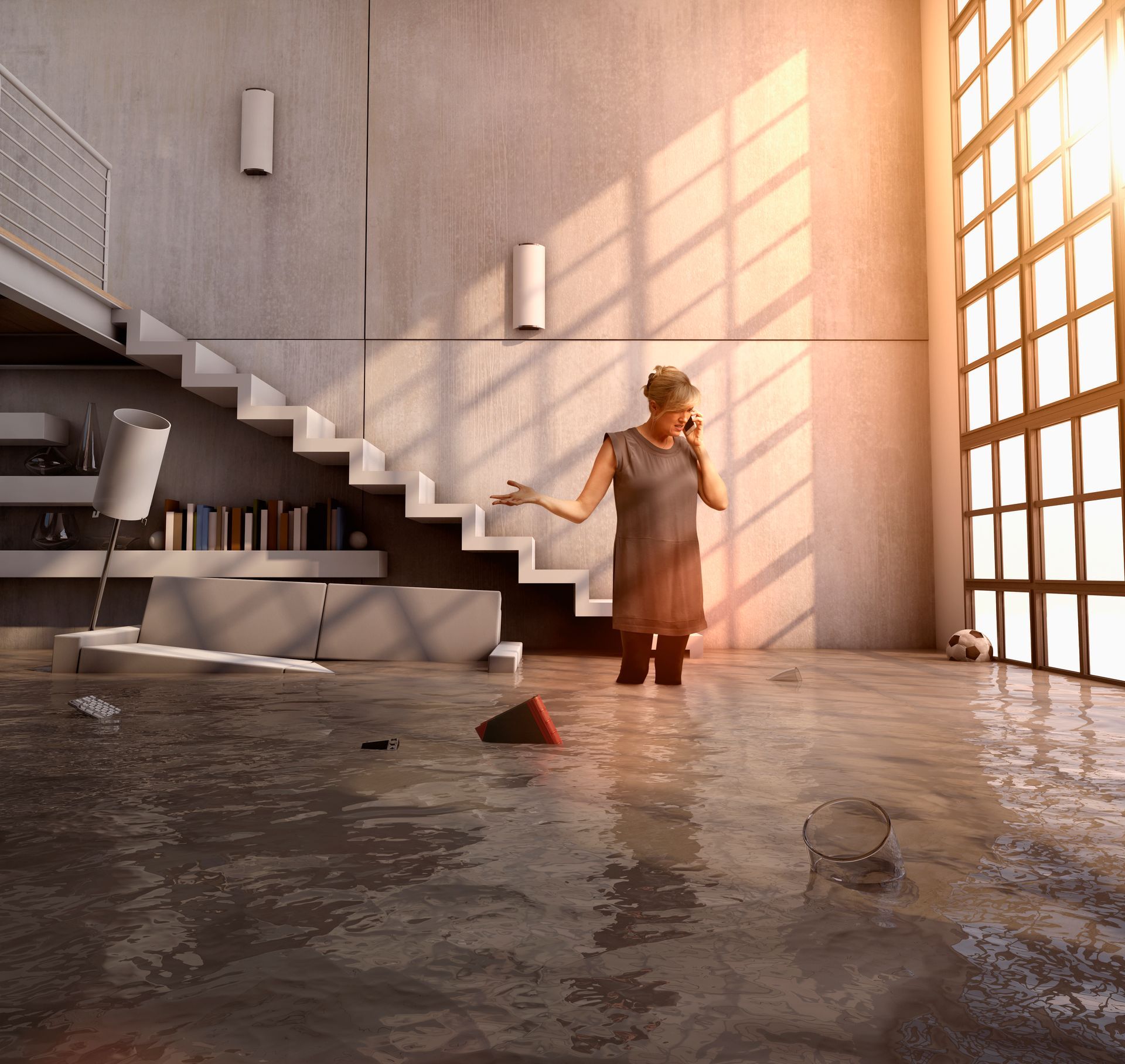 A woman talking on a cell phone in a flooded house.