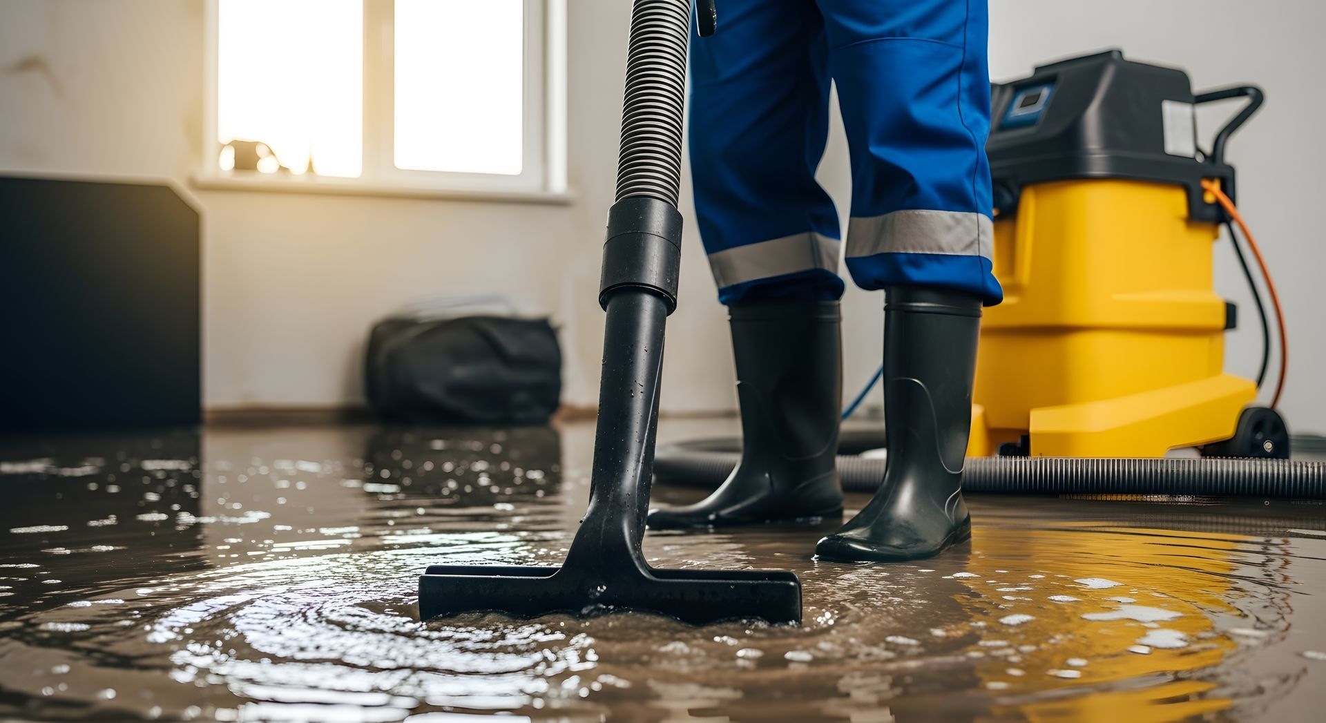 Water damage restoration worker vacuuming floodwater after burst pipe in a home.