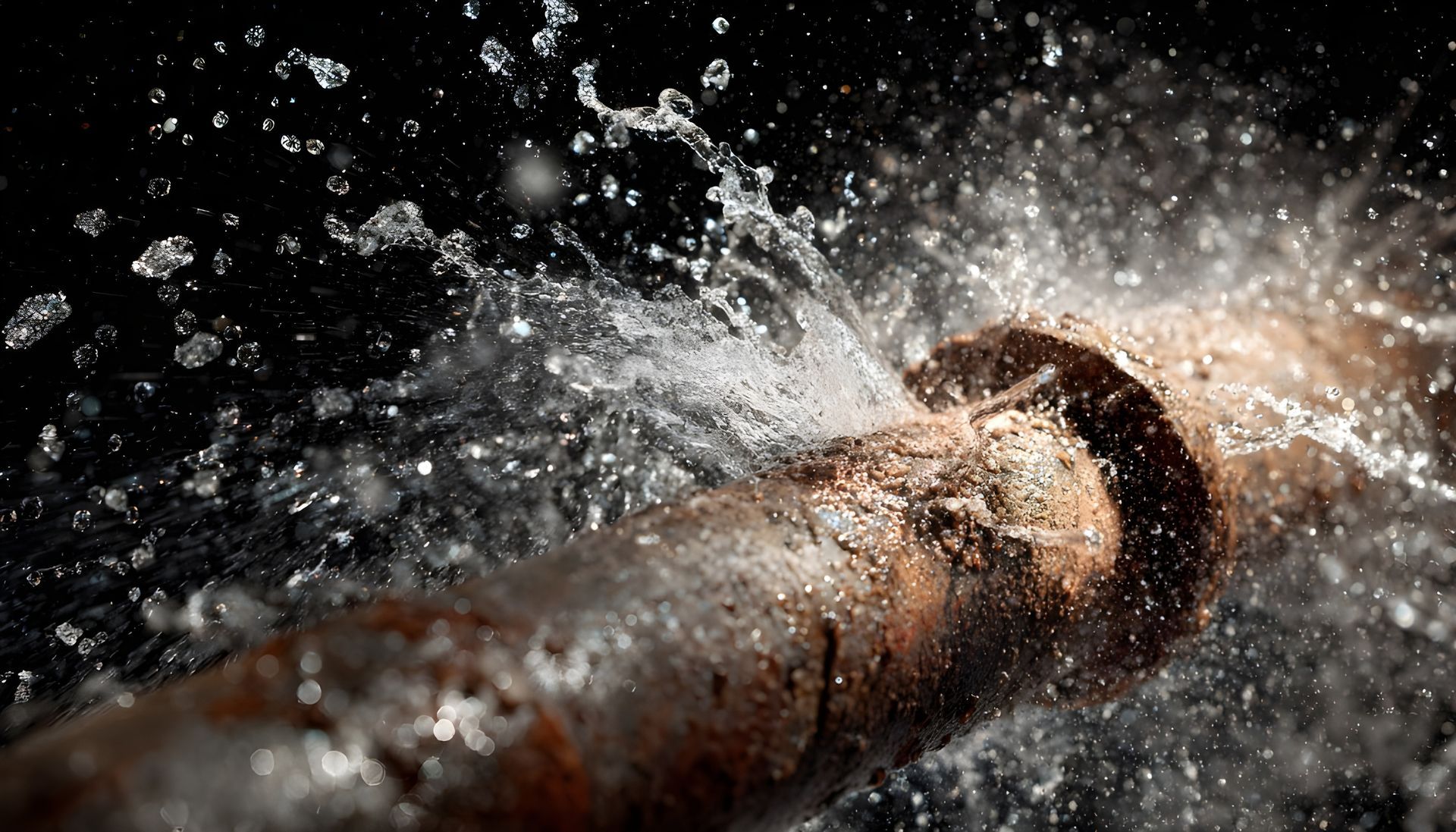 A rusty pipe bursts spraying water.