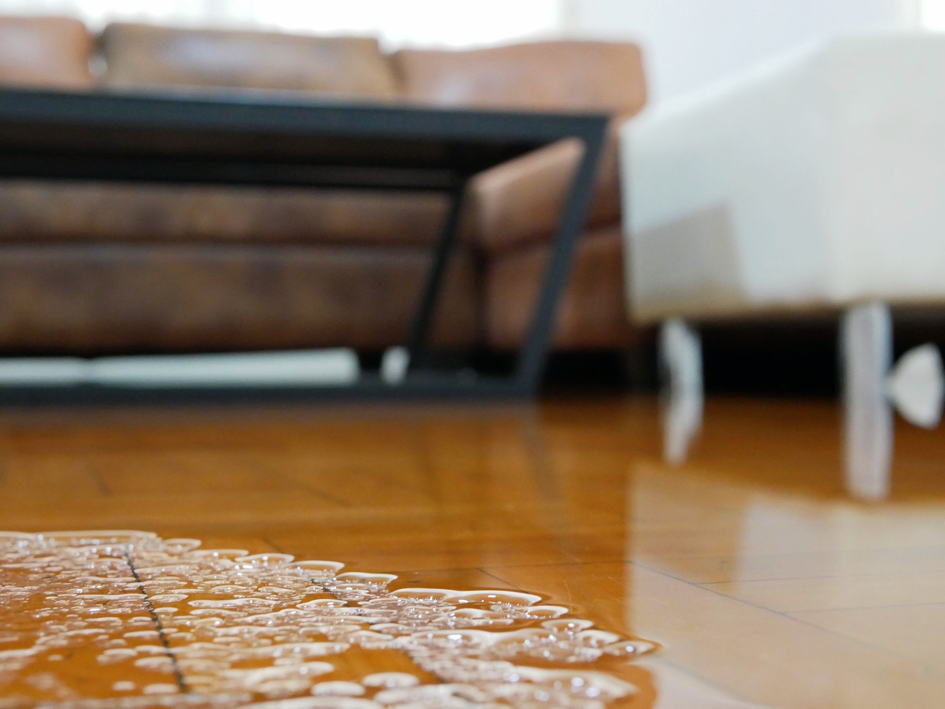 Water puddle spreading across hardwood floor in living room near furniture.