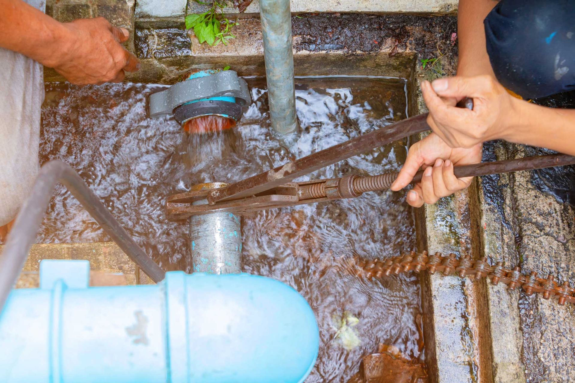 Plumber working repair the broken pipe. Plumber working repair the broken pipe.