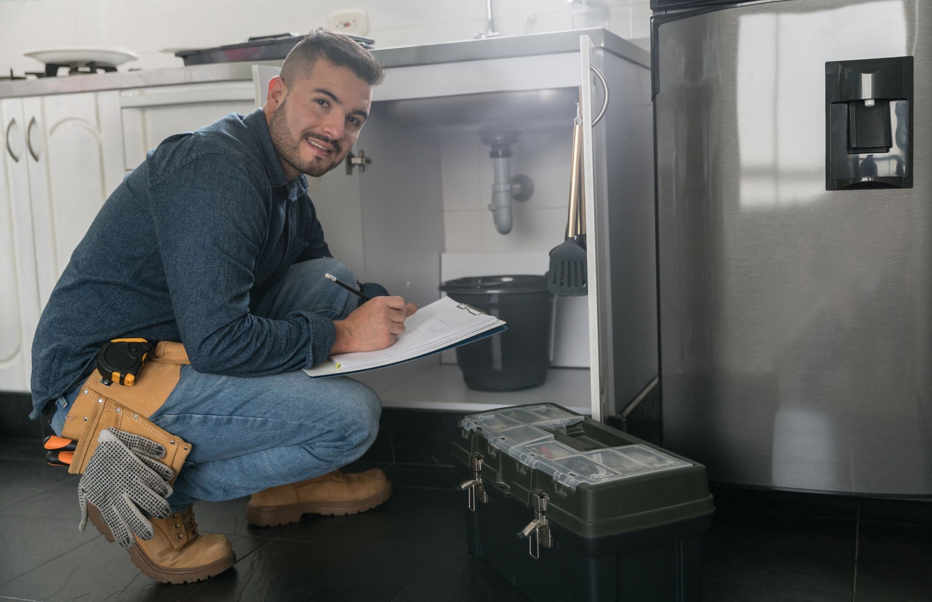 A plumber is checking a leak under the sink at a house and looking at the camera.