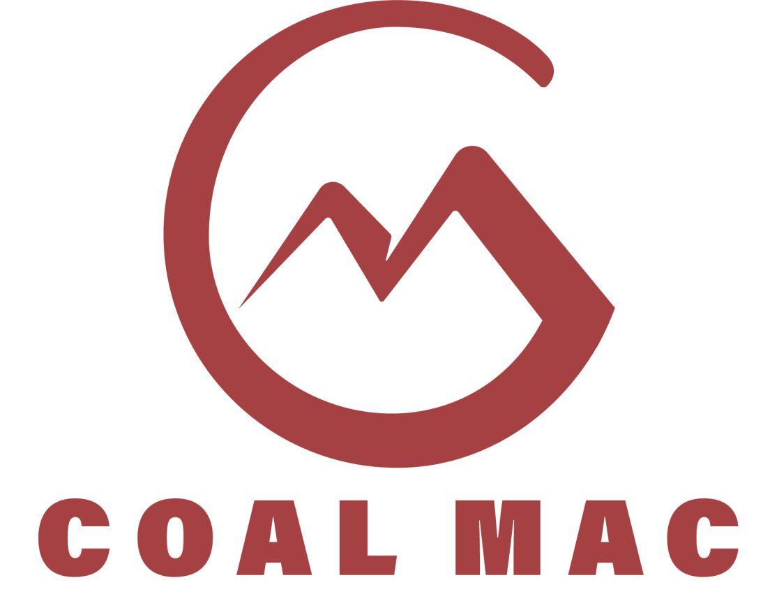 A red logo for coal mac with a mountain in a circle