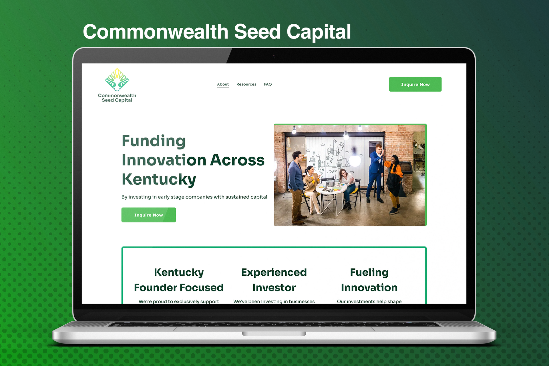 A laptop computer is open to a commonwealth seed capital website.