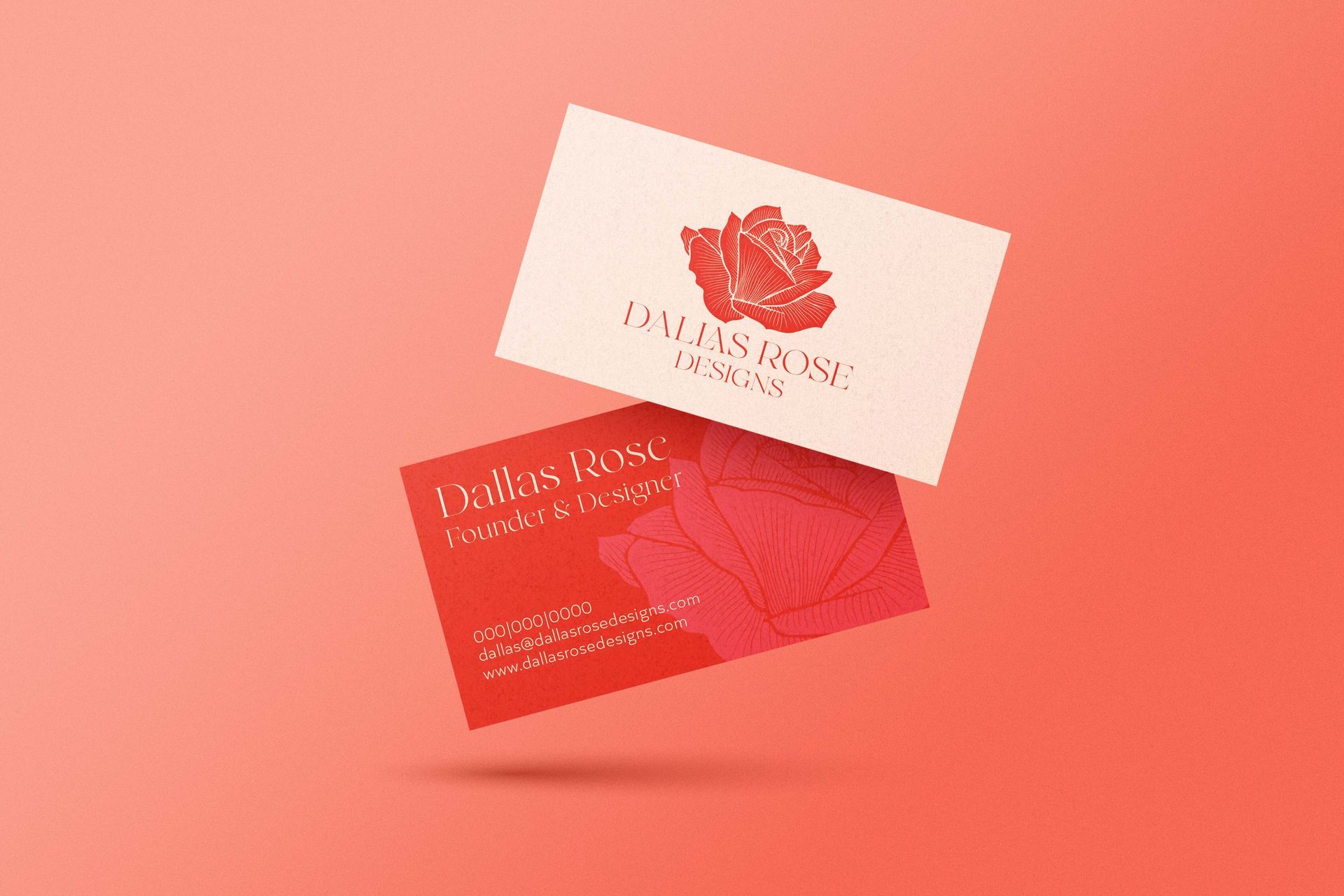 A business card with a red rose on it is floating in the air.