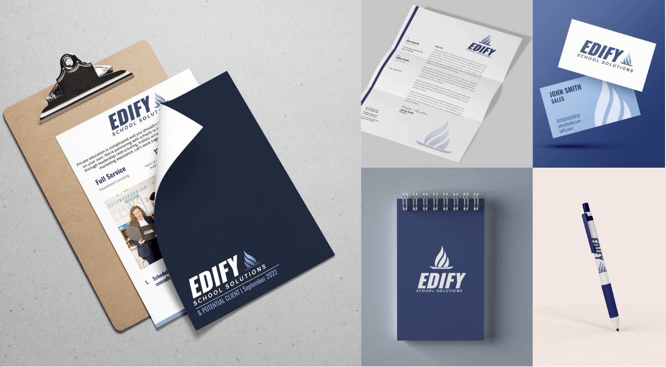 a collage of different types of stationery for a company called edify