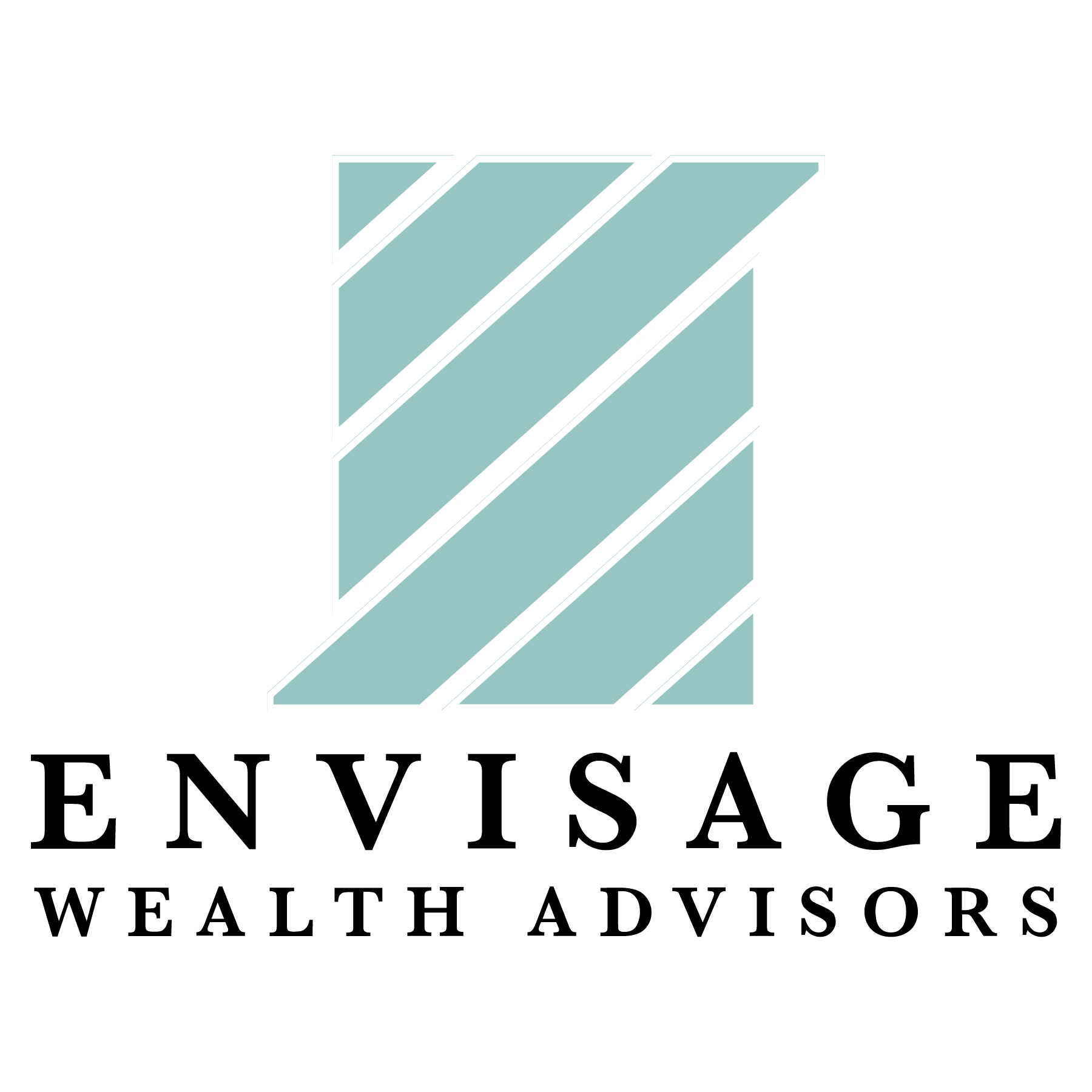 A logo for envisage wealth advisors with a blue and white striped square