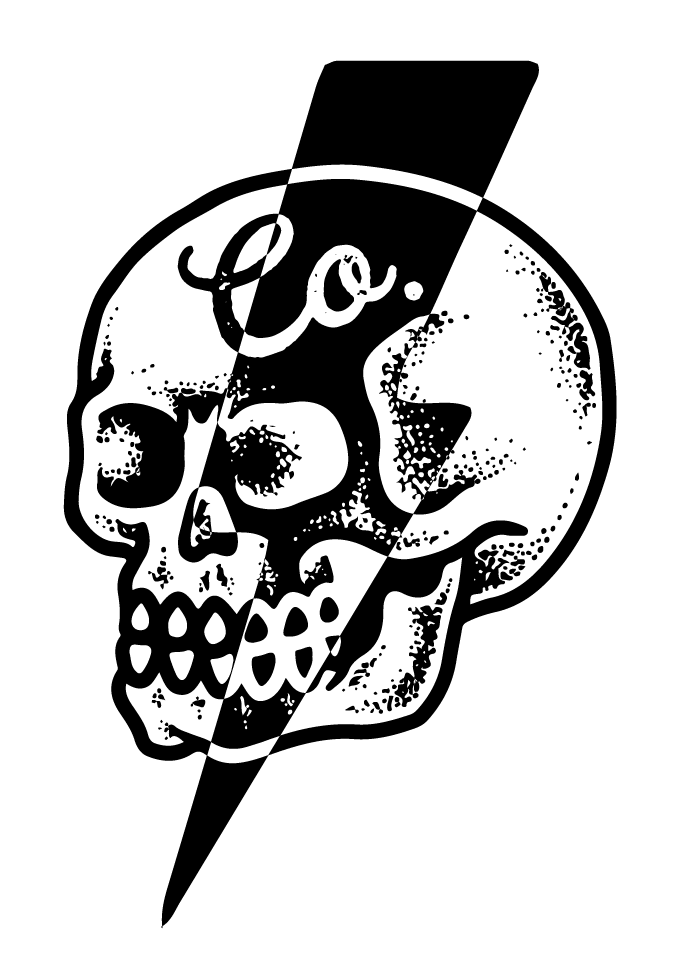 A black and white drawing of a skull with a lightning bolt coming out of it.