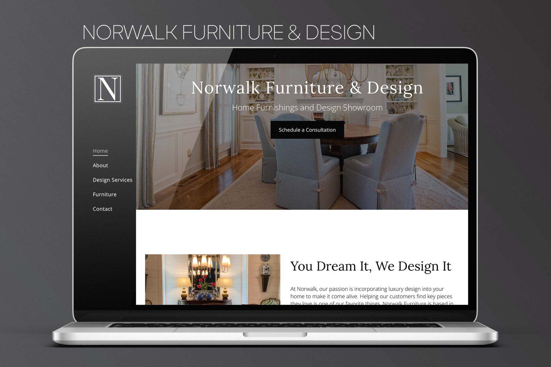 A laptop computer is open to a website for norwalk furniture and design.