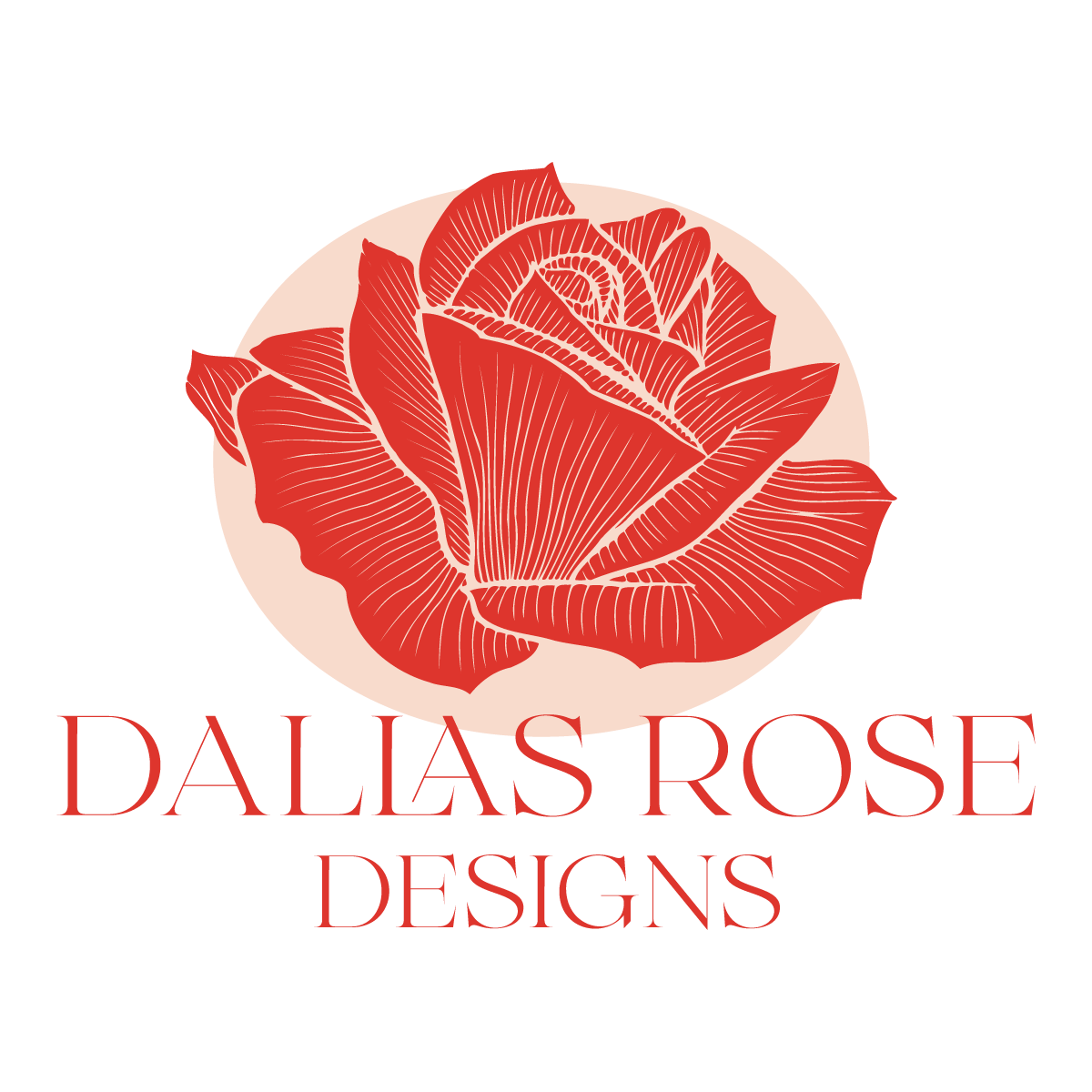 A logo for dallas rose designs with a red rose