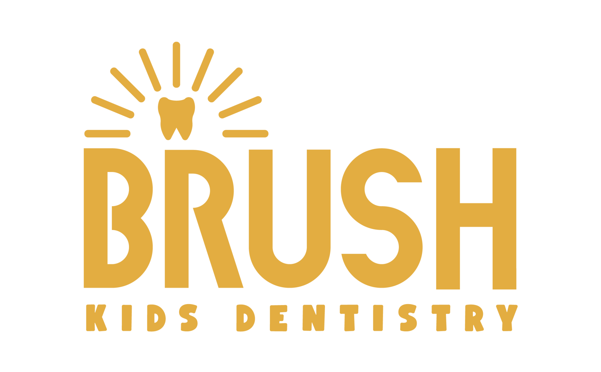 The logo for brush kids dentistry is yellow and has a tooth on it.