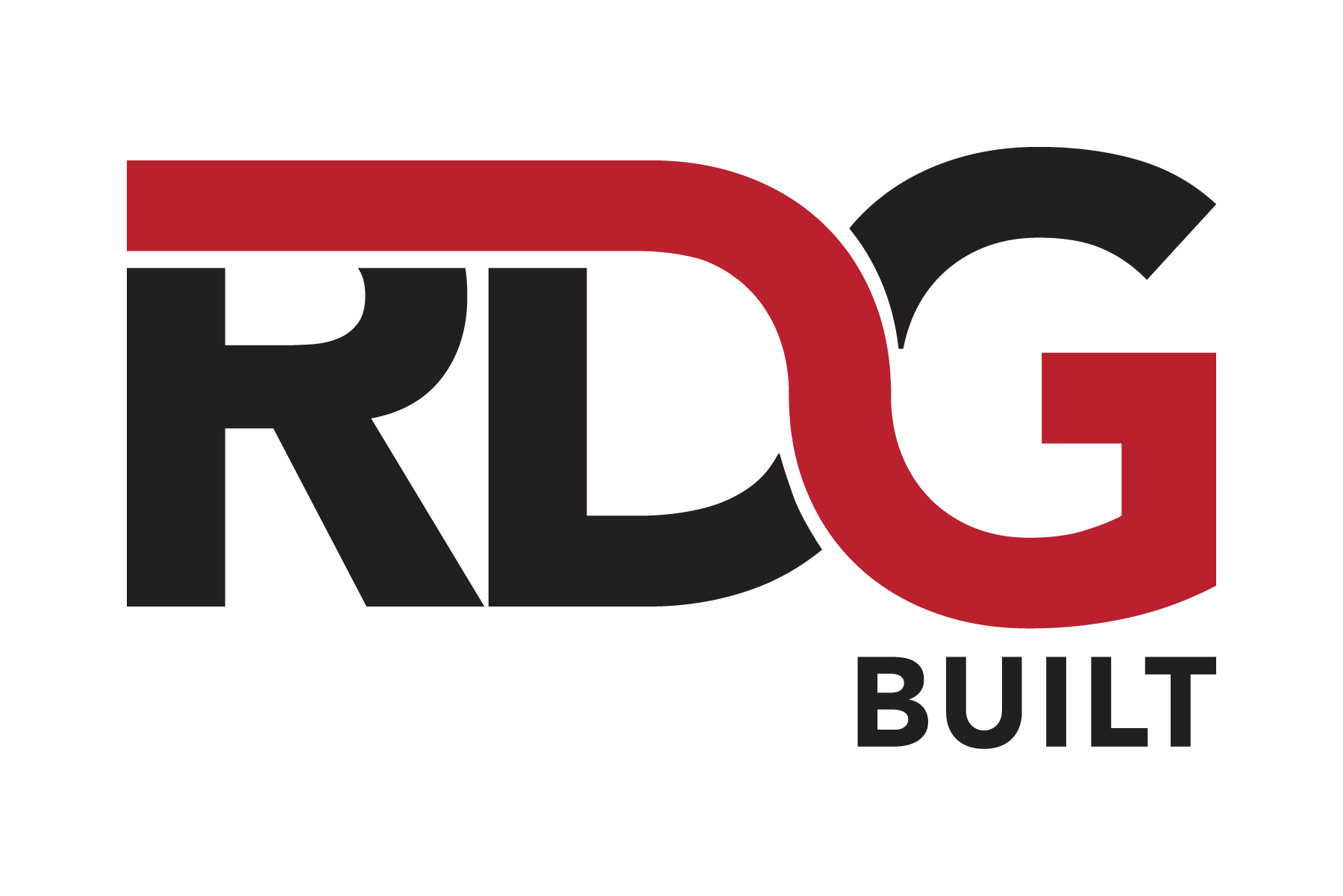 The logo for rdg built is black and red.
