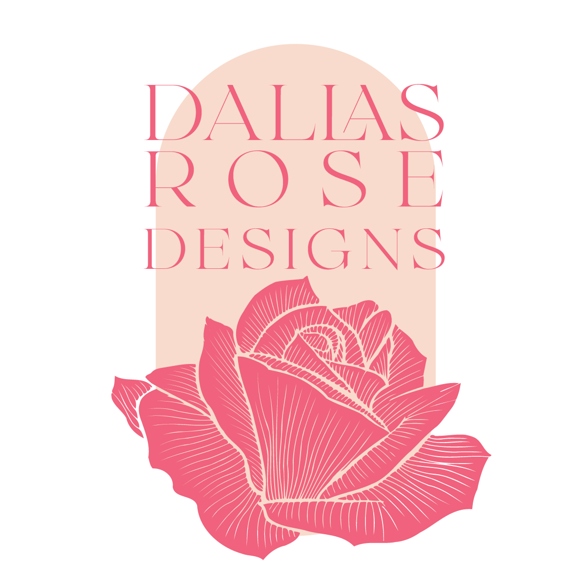 The logo for dallas rose designs has a pink rose on it.