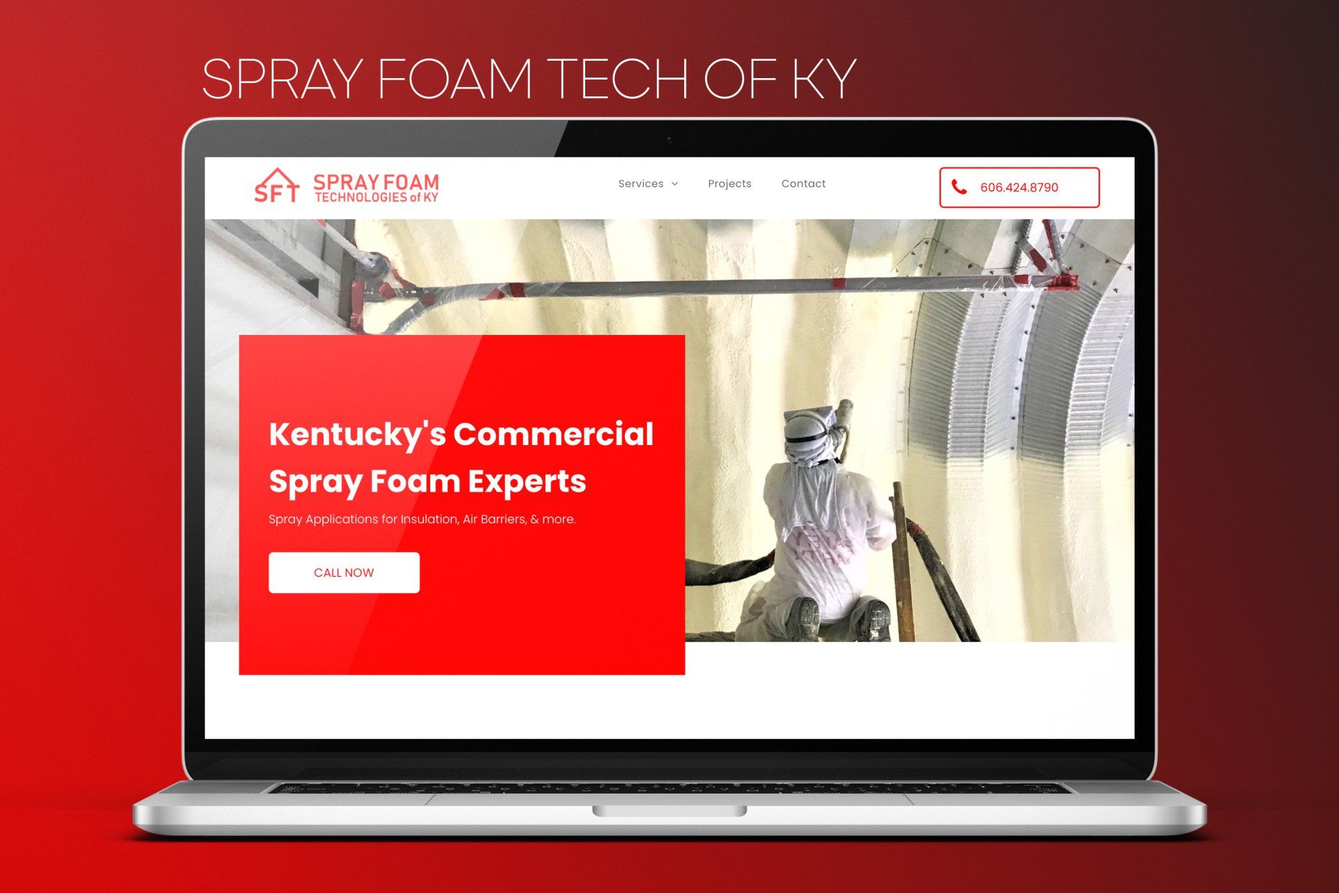 A laptop computer is open to a website for spray foam tech of ky.