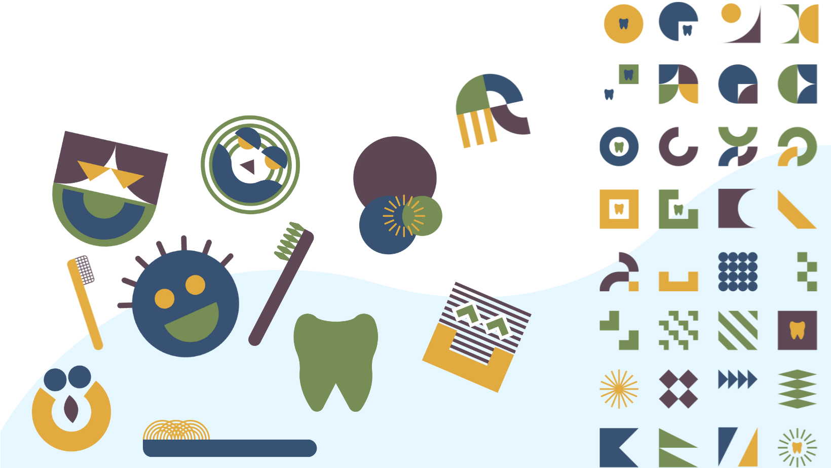 A set of dental icons including a toothbrush , toothpaste , and a smiley face.