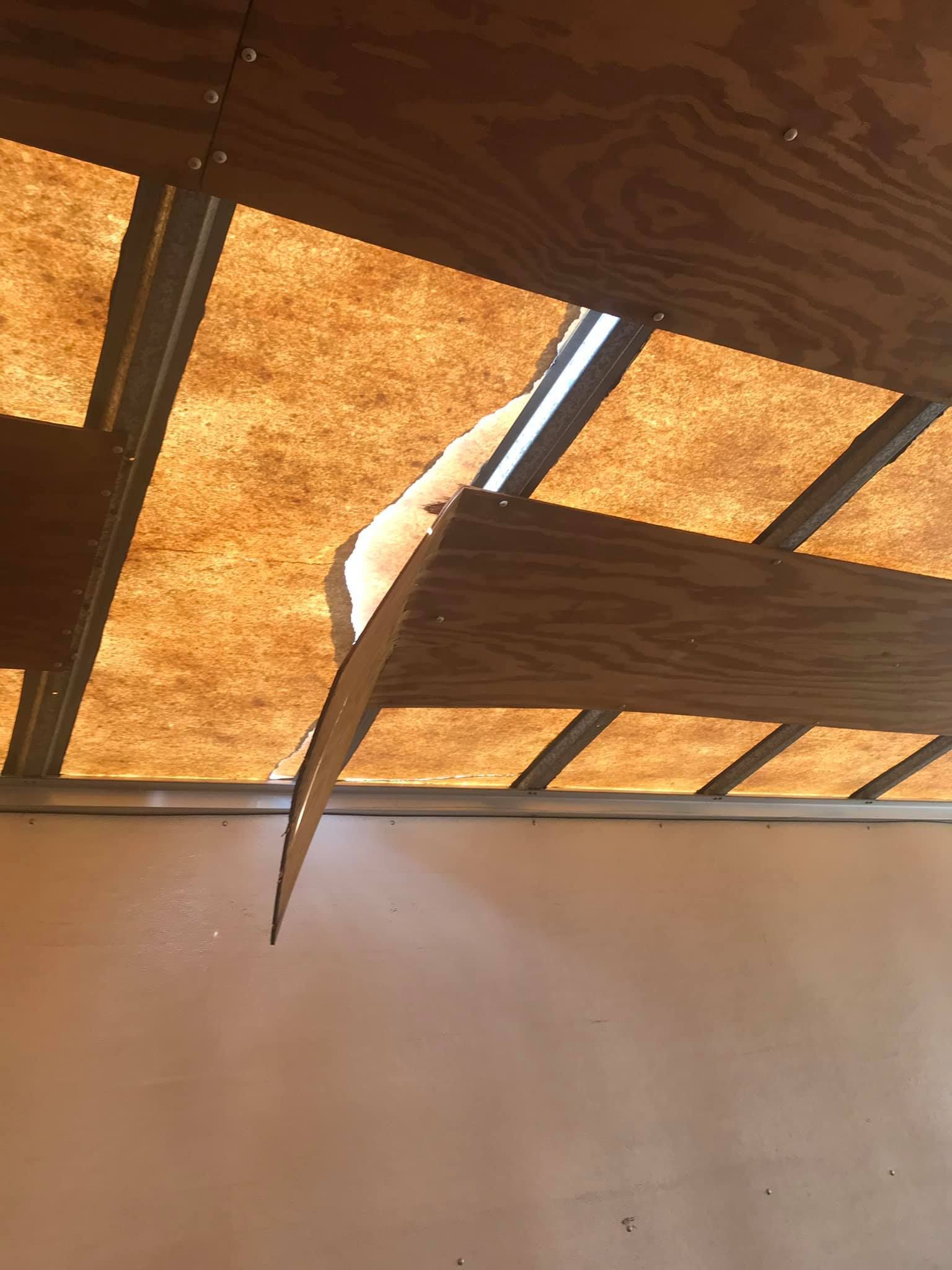 Damaged wooden ceiling with a large peeled-back section, revealing the interior, over a white wall.