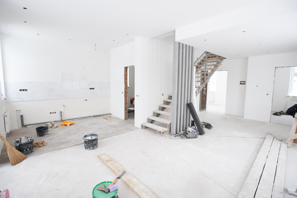 There is a staircase in the middle of the room.