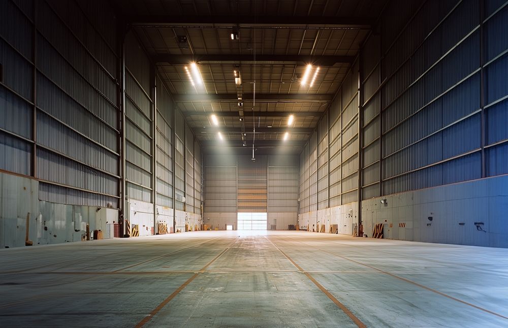 A large empty warehouse with a concrete floor and a large door.