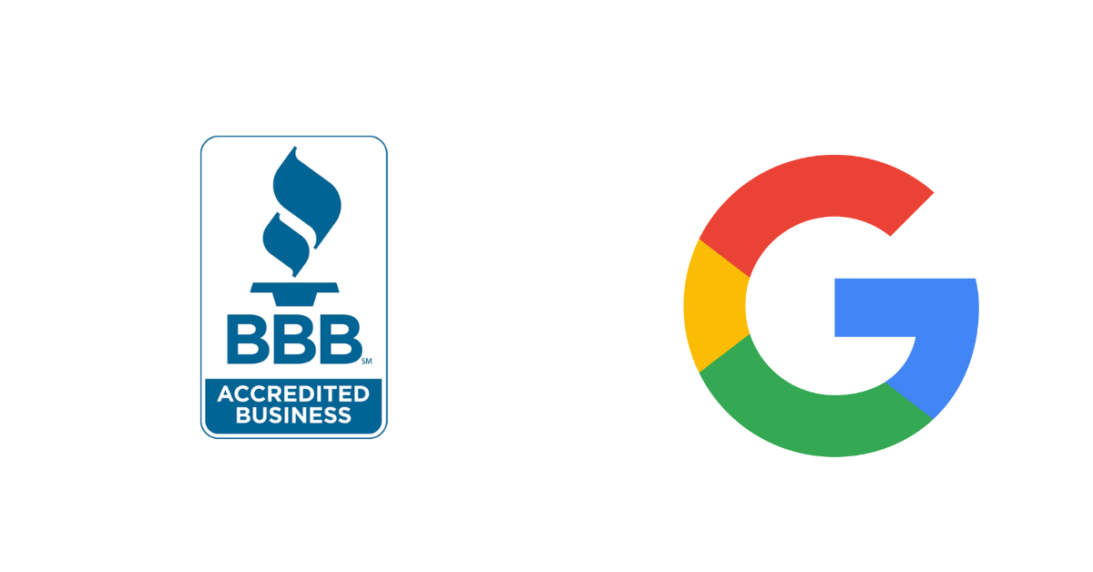 a google logo next to a bbb logo on a white background .