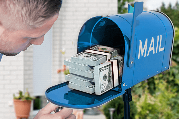 A man is looking into a mailbox filled with money.