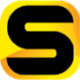 A black letter s in a yellow square on a white background.