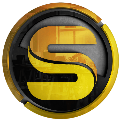 A yellow letter s in a black circle