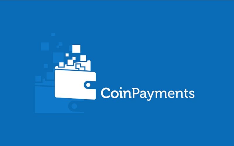 A blue background with a white wallet and the words coinpayments