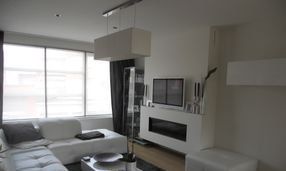 Een woonkamer met een bank, open haard en televisie.