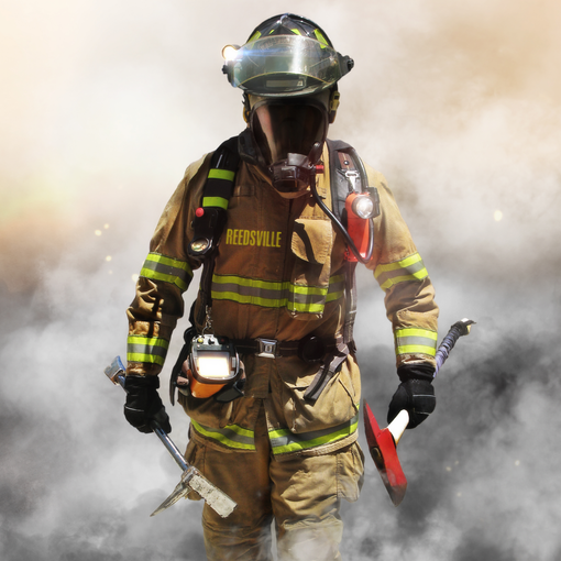 Reedsville VFD fireman wearing a helmet and holding a hammer