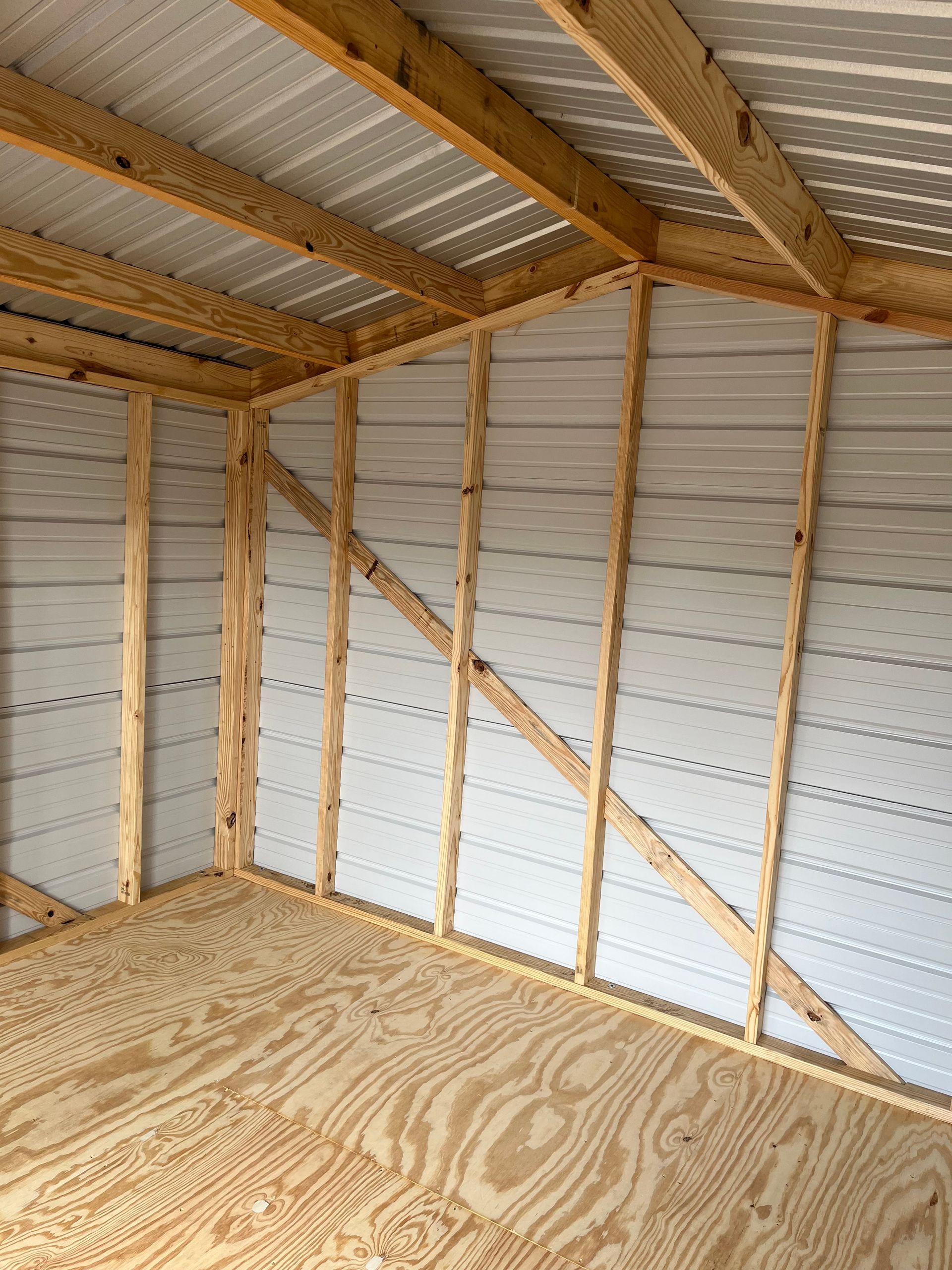 Inside an unfinished shed, plywood floor, white metal walls, and exposed wood framing under a corrugated roof.