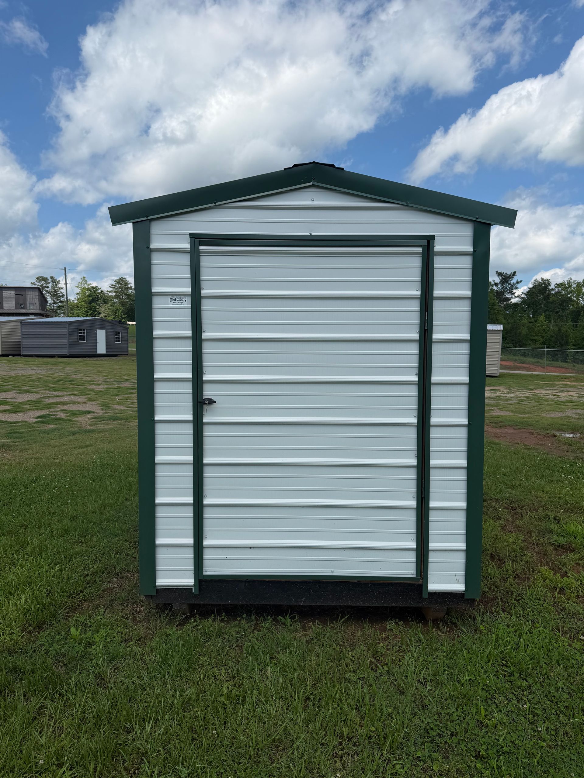 Small white and green storage shed on grass under a cloudy sky
