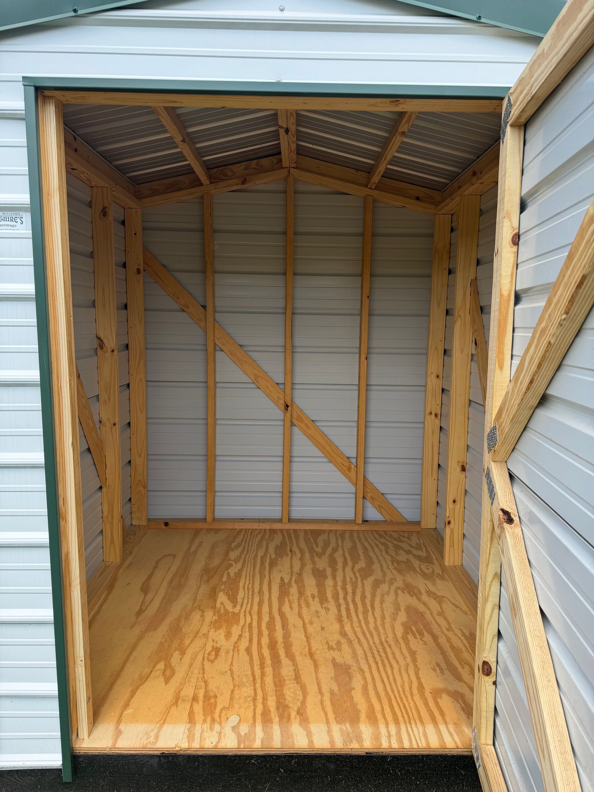 Inside of a small wooden shed with plywood floor and exposed framing, viewed from the open doorway.