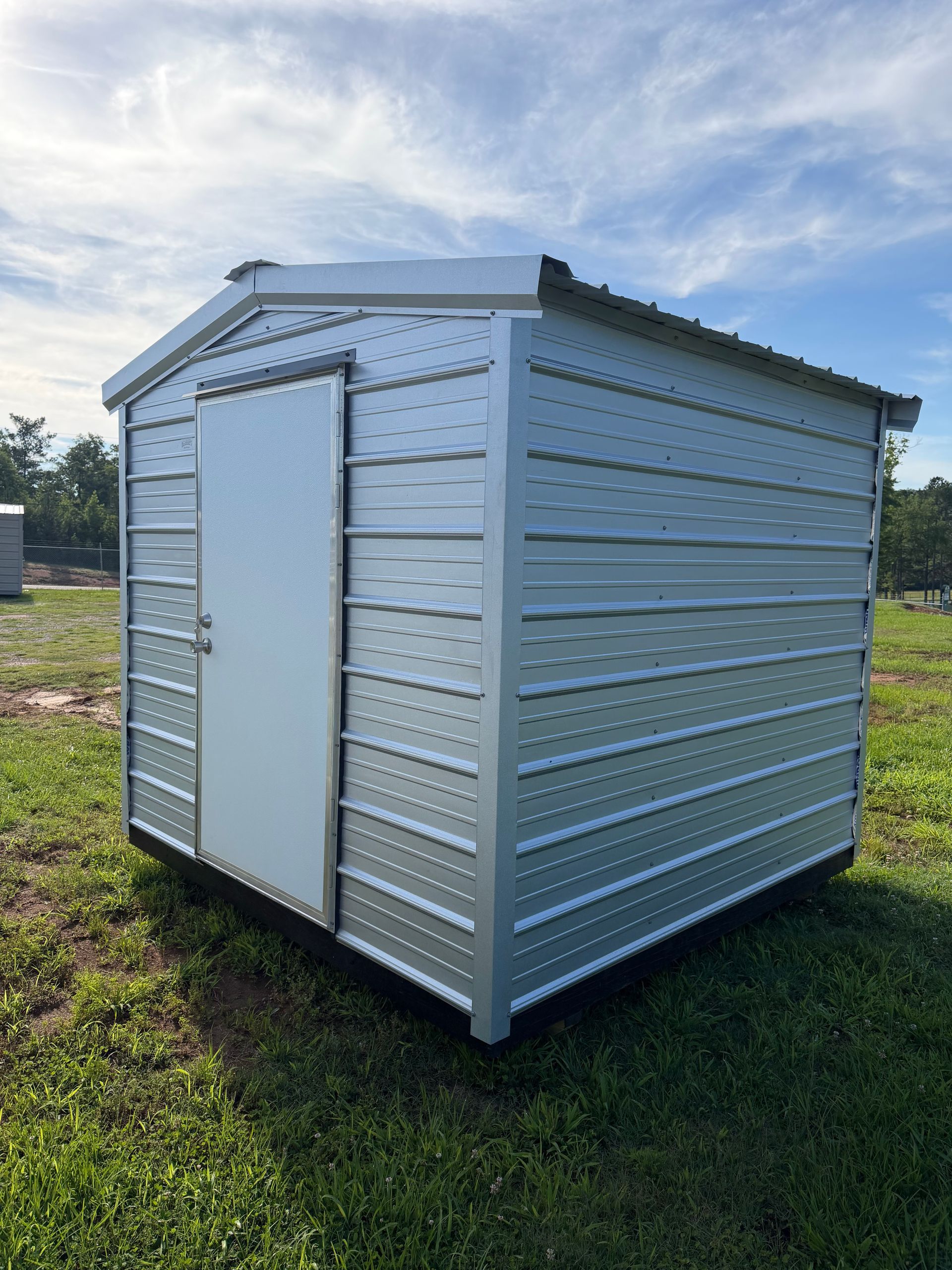 Small silver metal storage shed with a white door on a grassy lot under a cloudy sky